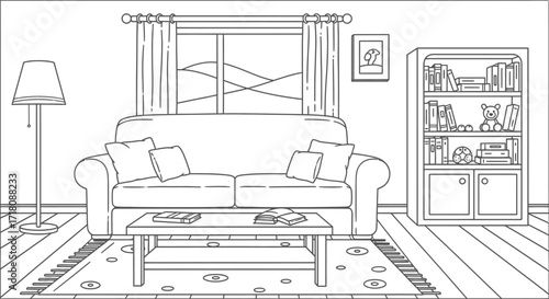 Cozy and comfortable living room interior with a sofa, bookshelf, and lamp, creating a peaceful domestic atmosphere.