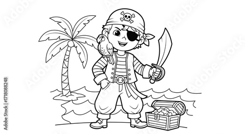Happy pirate boy standing on a tropical island with palm trees, holding a sword next to a treasure chest.