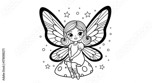 Charming little fairy with wings, sitting and smiling happily amidst stars and magical sparkles on an isolated white background.
