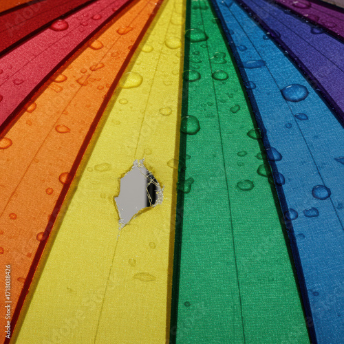Extreme macro shot of a vibrant rainbow umbrella with a precise rip revealing silver ribs and water droplets, isolated on transparent background. Concept of deconstructed beauty and texture study