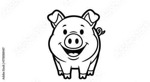Happy little pig smiling cheerfully, standing on an isolated white background.