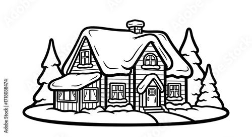 Cozy House Covered in Snow Outline with Pine Trees, Winter Landscape on Isolated White Background