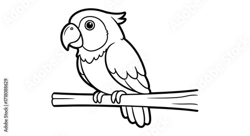 Cute Parrot Perched on a Branch Outline, Exotic Bird on Isolated White Background
