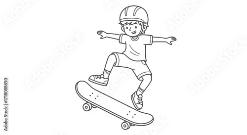 Energetic Boy Skateboarding with Helmet Outline, Kid Performing Stunts on Isolated White Background