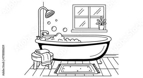 Relaxing Bathroom Bathtub with Bubbles Outline, Home Interior on Isolated White Background