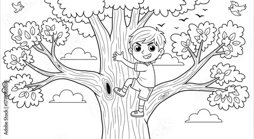 Playful Young Boy Climbing a Tree in a Sunny Outdoor Park, Isolated White Background