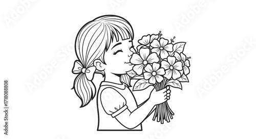 Loving Young Girl Happily Smelling a Bouquet of Fresh Flowers, Isolated White Background