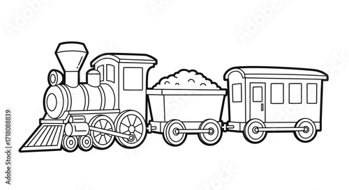 Classic Steam Train with Coal and Passenger Cars, Isolated White Background