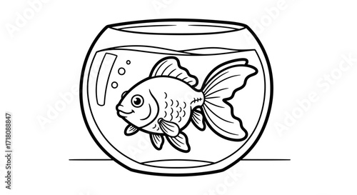 Beautiful Goldfish Swimming Gracefully Inside a Round Fishbowl, Isolated White Background