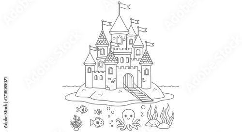 Fantasy Castle Island with Marine Life on Isolated White Background