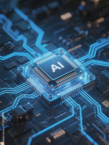 Close-up of an AI processor chip on a circuit board with illuminated blue pathways