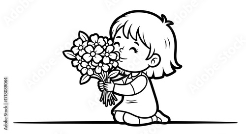 Happy Young Girl Gently Holding and Smelling a Beautiful Bouquet of Flowers on Isolated White Background