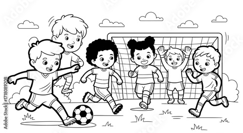 Energetic Children Playing Soccer with a Football on an Outdoor Field with a Goal