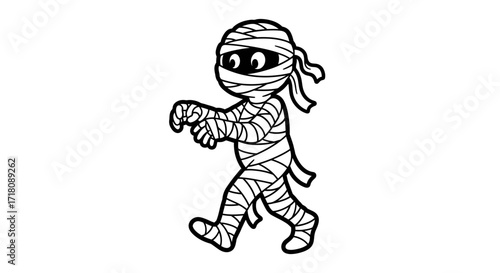 Cartoon Mummy Character Walking for Halloween Coloring Book on Isolated White Background