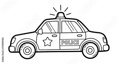 Classic Police Car with Siren Lights and 'POLICE' Text on Isolated White Background