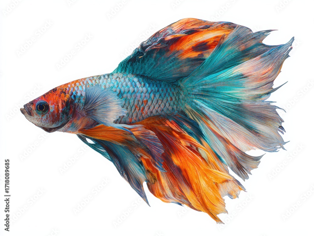 Fototapeta premium Colorful betta fish swimming gracefully in aquarium underwater photography vibrant environment close-up view