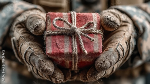 Soldier holds a small wrapped gift in gloved hands during a quiet moment in a military setting