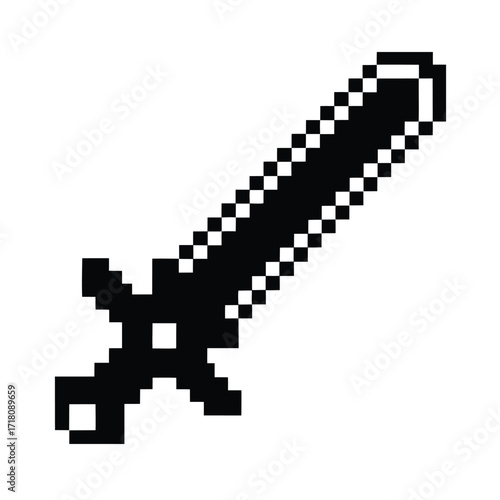 Pixelated Black Sword Isolated Design on White Background for Game Icon