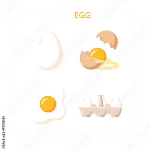 A complete visual journey of eggs, from whole and raw to cracked, fried, and carton-packed, perfect for culinary themes