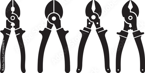 Four black silhouette wire cutters and bolt cutters on white background