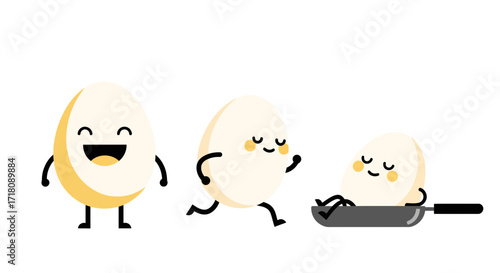 Cheerful Cartoon Eggs Engaging in Various Daily Activities, from Energetic Running to Relaxing in a Pan