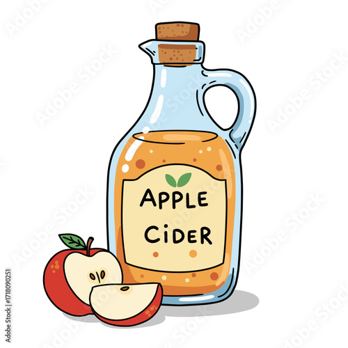 Apple cider in clear jug with fresh apple and slice on white background  