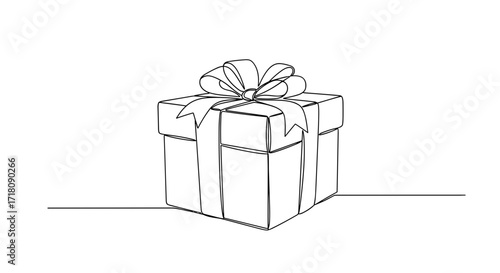 Open gift box with ribbon in simple line art style  