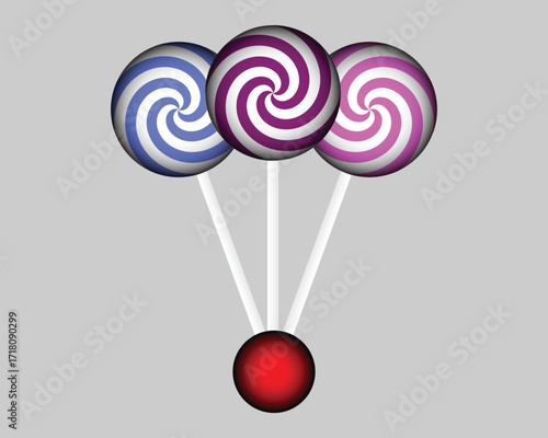 Three Swirl Lollipops Blue Purple Pink and Red Sphere candy sweet