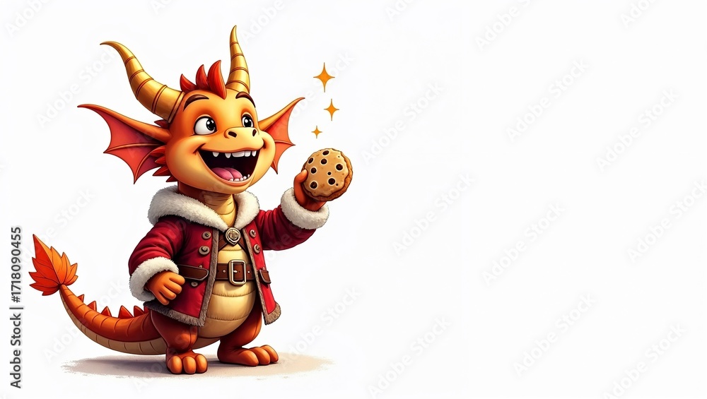 Fototapeta premium Happy little dragon in a Santa outfit, holding a cookie, isolated on white, space for text