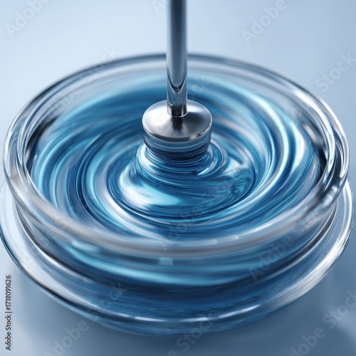 Dynamic vortex of pearlescent blue liquid stirred by a metal rod in a glass dish.