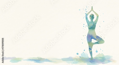 Woman practicing yoga tree pose, balancing body and mind. Watercolor illustration for relaxation and wellness.