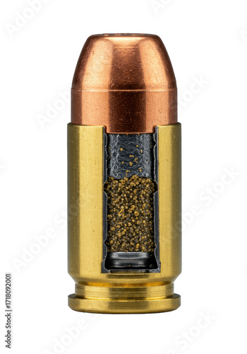 Longitudinally cut modern handgun cartridge revealing bullet, casing, propellant, primer, on transparent, backlighting. Concept of advanced engineering