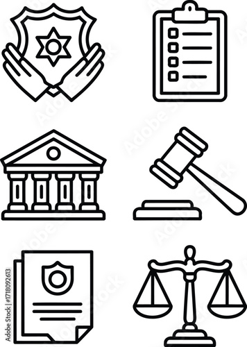 Symbolic Representations of Law and Justice Depicting Law Enforcement, Legal Processes, and Legal Institutions Depicted with Clean Lines