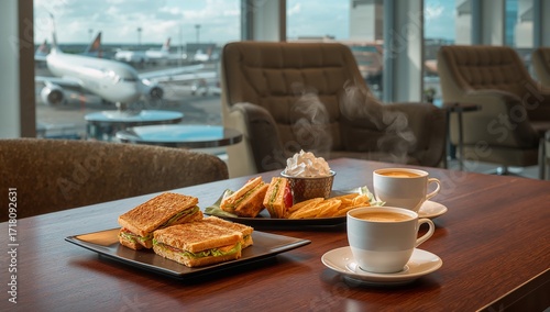 Toasted sandwiches, coffee, and snacks are served at a modern airport lounge, showcasing a view of airplanes.
