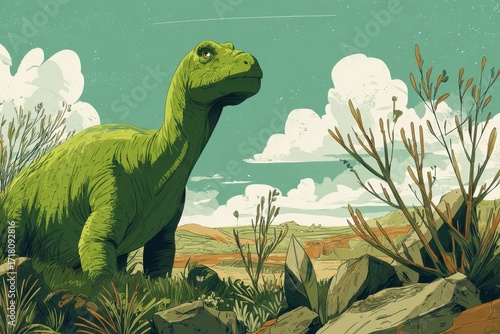 Dinosaurier Illustration. Comic Drawing of Green Dinosaur in Primitive Times