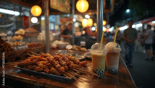Crispy skewers and bubble tea stand at night market, showcasing street food and drinks in warm, inviting ambiance.