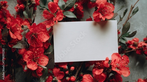 Blank card surrounded by vivid red flowers