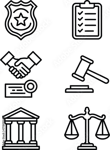Law and Order Icon Set Depicting Justice Legal Agreements Banking Regulations Governance Judiciary Scales and Court Symbols Portraying Jurisprudence Law Enforcement