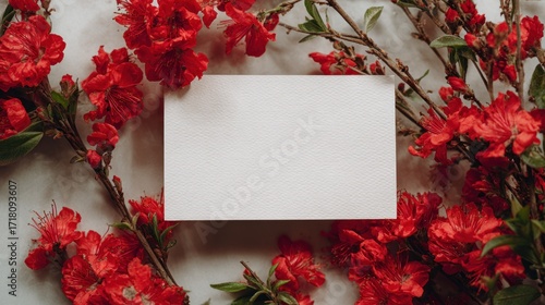 Blank card surrounded by red flowers