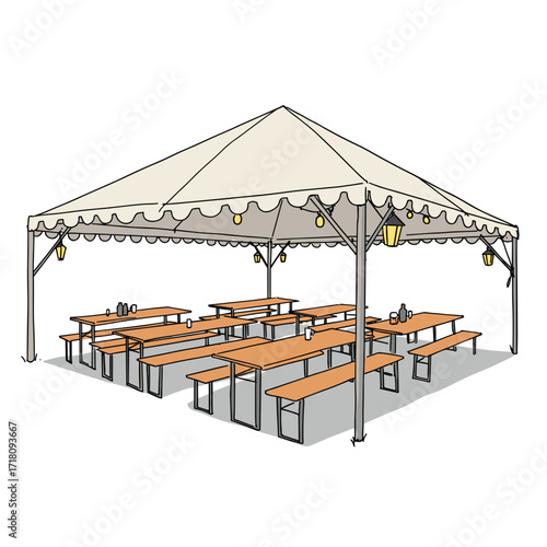 Large tent with wooden benches for outdoor gatherings and events  