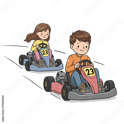 Boy and girl racing go-karts on outdoor track in playful style  