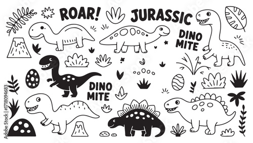 Cute cartoon dinosaurs illustrations perfect for kids projects featuring various dinosaur species in black and white representing fun prehistoric times and playful learning