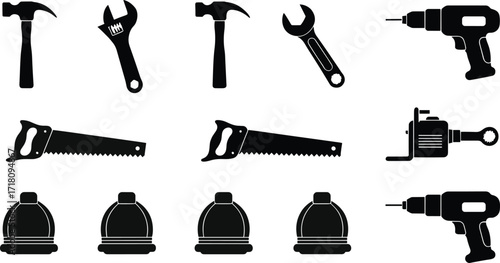 Black and white vector tool icons with hammer, adjustable wrench, saw, hard hat, drill, and chainsaw
