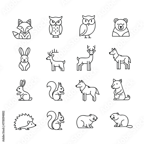 A collection of forest animal line icons including a fox owl bear deer and squirrel.