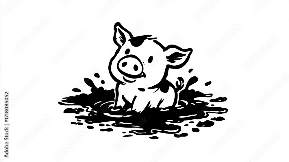 Fototapeta premium Cute piglet splashing joyfully in a muddy puddle on a sunny day