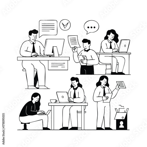 A collection of handdrawn doodle illustrations depicting business people working in an office.
