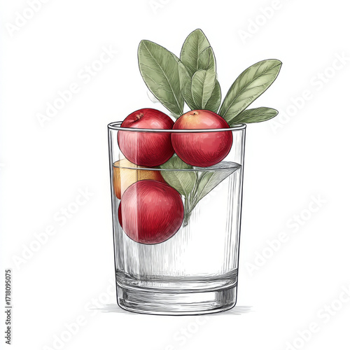 Hand-drawn sketch of fresh apples and leaves in a glass of water, red, green, and clear, representing healthy hydration and natural purity, with copy space