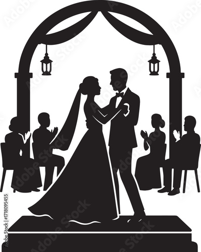 Silhouette of a bride and groom dancing under an archway during a wedding ceremony, with guests watching, isolated on transparent background