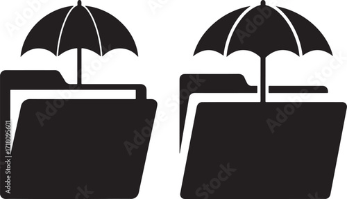 Two black folder icons with umbrellas protecting them silhouette