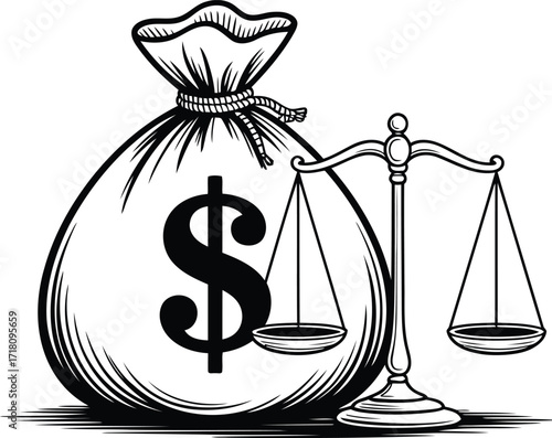 Conceptual Illustration of Financial Justice A Money Bag Bearing a Dollar Sign Beside Scales Symbolizing Fairness and Legal Balance